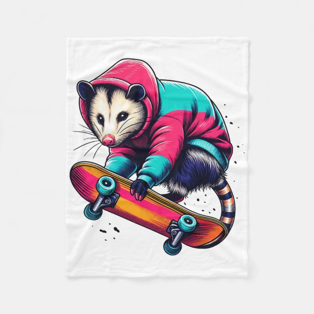 Cool Funky Opossum Skateboarding Illustration Art  Fleece Blanket (Front)