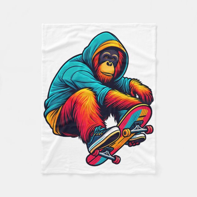Cool Funky Orangutan Skateboarding Illustration Ar Fleece Blanket (Front)