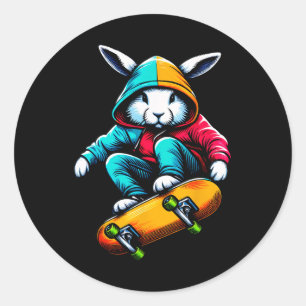 Cool Funky Rabbit Easter Skateboarding Illustratio Classic Round Sticker