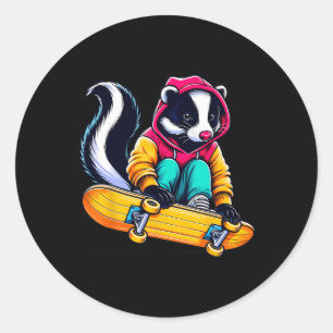 Cool Funky Skunk Skateboarding Illustration Art 1  Classic Round Sticker