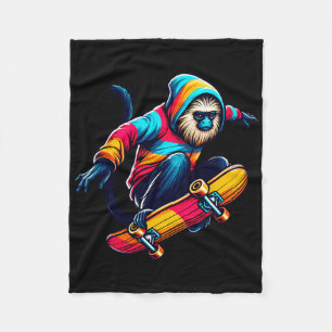 Cool Funky Tamarin Monkey Skateboarding Illustrati Fleece Blanket