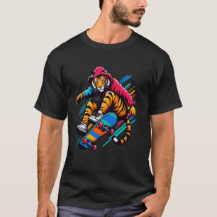 Cool Funky Tiger Skateboarding Illustration Art T-Shirt