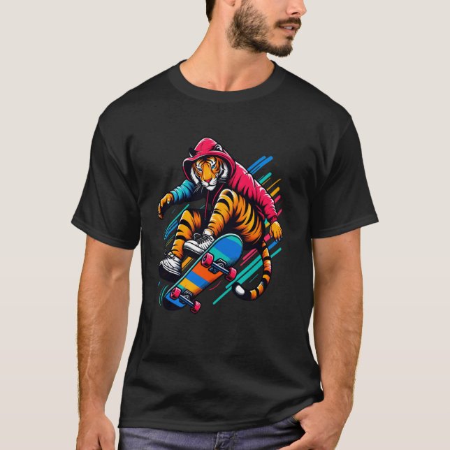 Cool Funky Tiger Skateboarding Illustration Art T-Shirt (Front)