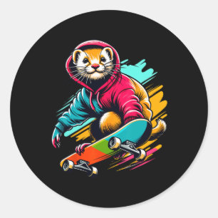 Cool Funky Weasel Skateboarding Illustration Art Classic Round Sticker