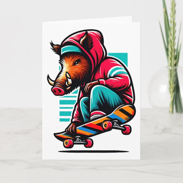 Cool Funky Wild Boar Skateboarding Illustration Ar Card (Front)