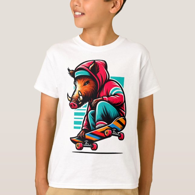 Cool Funky Wild Boar Skateboarding Illustration Ar T-Shirt (Front)
