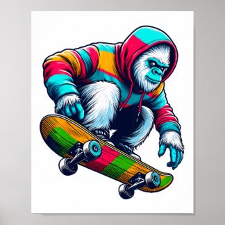 Cool Funky Yeti Skateboarding Illustration Art  Poster