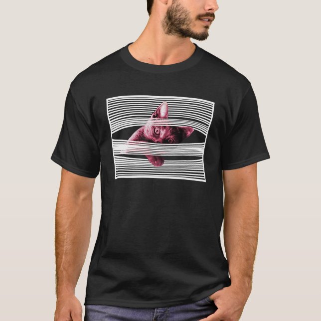 Cool Funny Cat In Window Venetian Blind T-Shirt (Front)