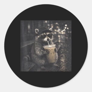 Cool Funny Drinking Iced Coffee Sunglasses Racoon Classic Round Sticker