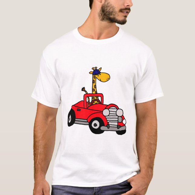 Cool funny giraffe driving red convertible car T-Shirt (Front)
