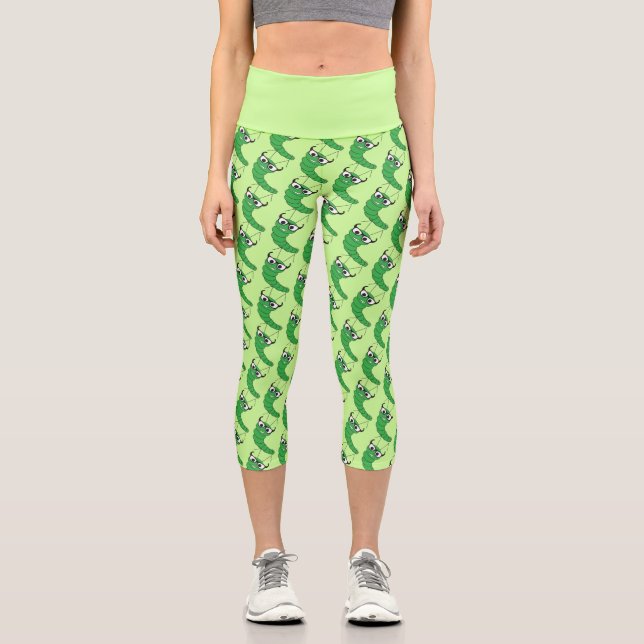 Cool funny nerdy caterpillar with glasses pattern capri leggings (Front)