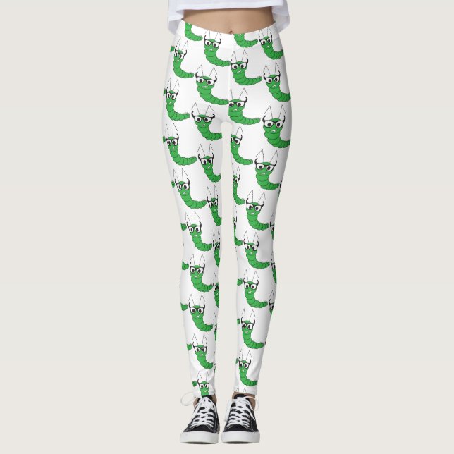 Cool funny nerdy caterpillar with glasses pattern leggings (Front)