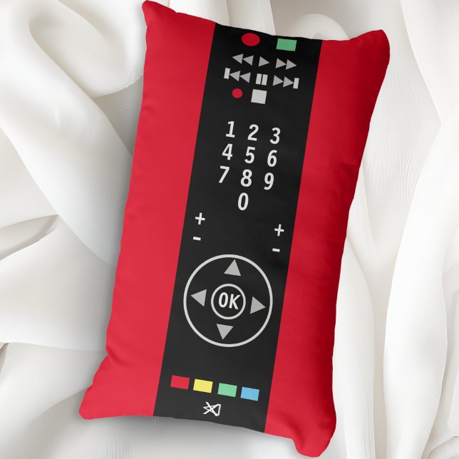 Cool Funny Novelty Red and Black TV Remote Control Lumbar Cushion (A funny novelty lumbar pillow in red and black, with remote control design, ideal for tech lovers)