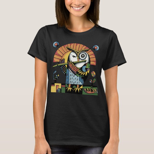 Cool Funny Owl Playing Flute Music Abstract T-Shirt (Front)