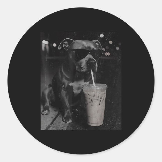 Cool funny pitbull drinking iced coffee lovers classic round sticker (Front)
