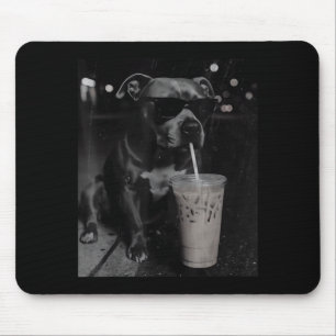 Cool funny pitbull drinking iced coffee lovers mouse pad
