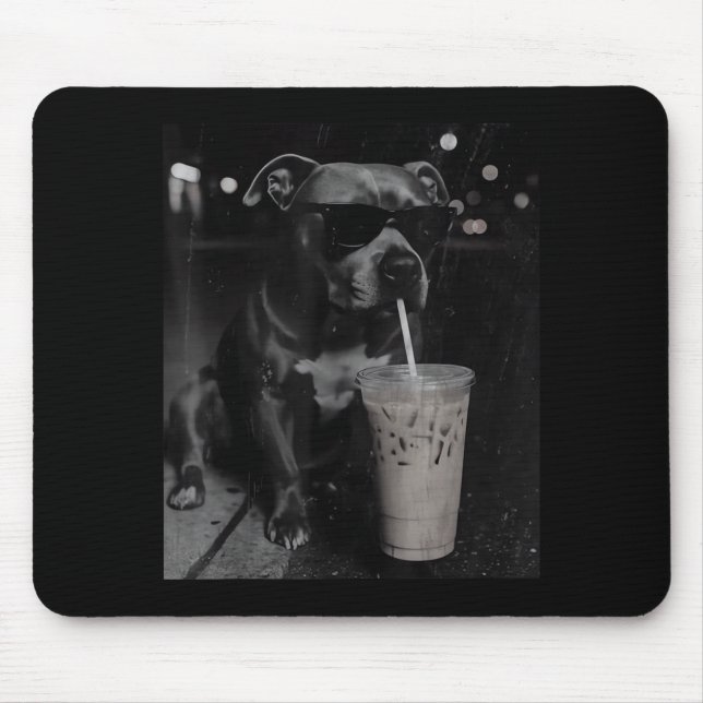 Cool funny pitbull drinking iced coffee lovers mouse pad (Front)