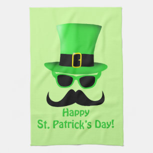 Cool Funny St. Patrick's Day Moustache Top hat Man Tea Towel