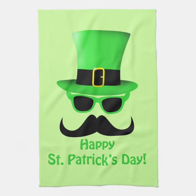 Cool Funny St. Patrick's Day Moustache Top hat Man Tea Towel (Vertical)