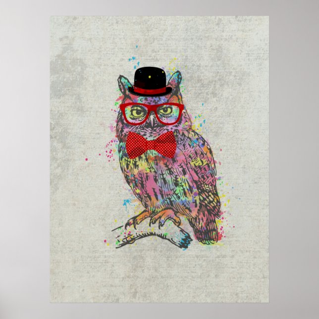 Cool funny trendy colourful watercolours owl poster (Front)