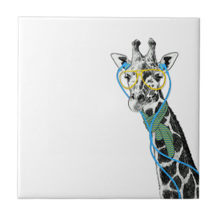 Cool funny trendy giraffe with glasses, earphones ceramic tile