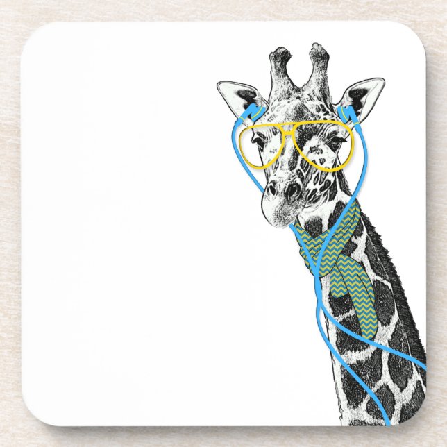 Cool funny trendy giraffe with glasses, earphones coaster (Front)