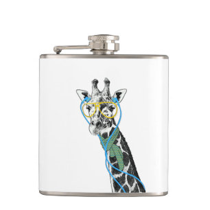 Cool funny trendy giraffe with glasses, earphones hip flask