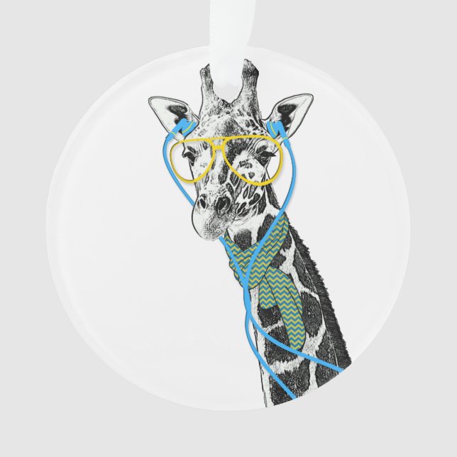 Cool funny trendy giraffe with glasses, earphones ornament (Front)
