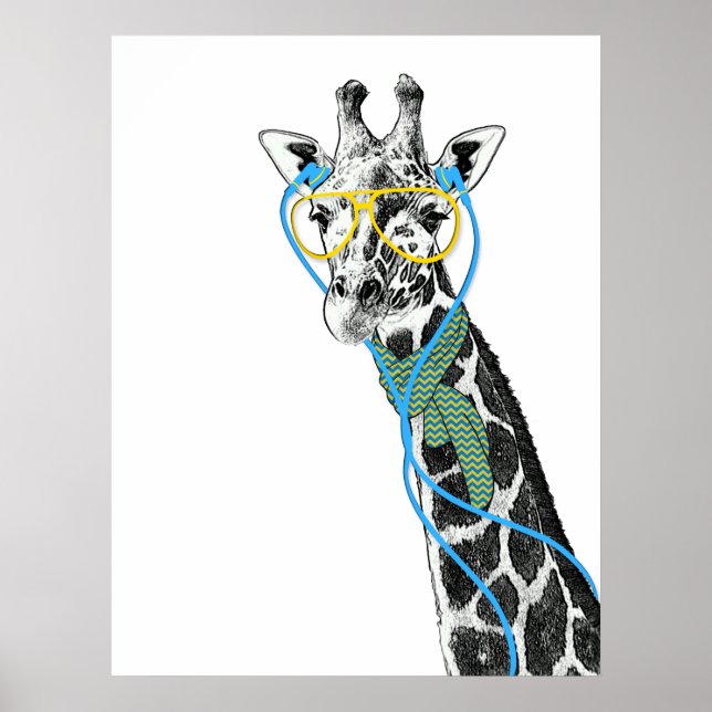 Cool funny trendy giraffe with glasses, earphones poster (Front)