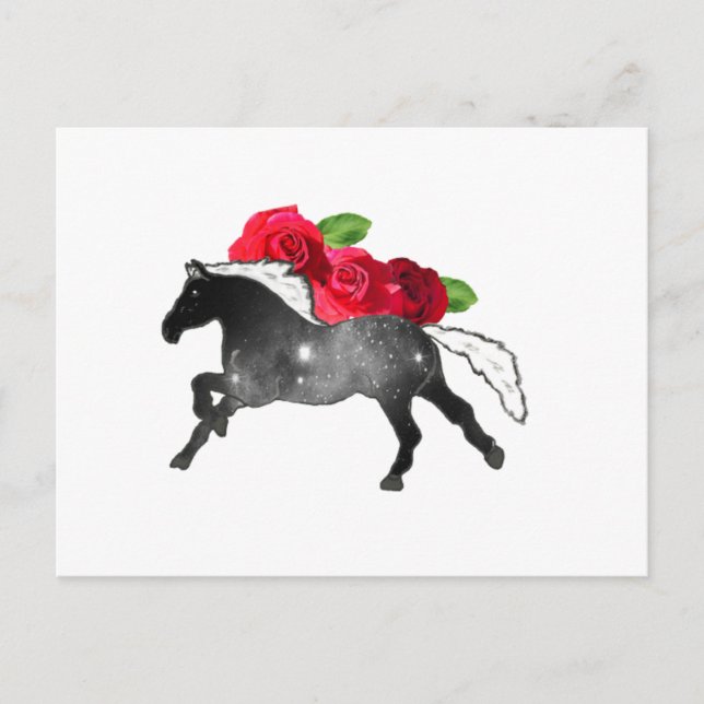 Cool Galazy Horse Black + White Nebula with Roses Postcard (Front)