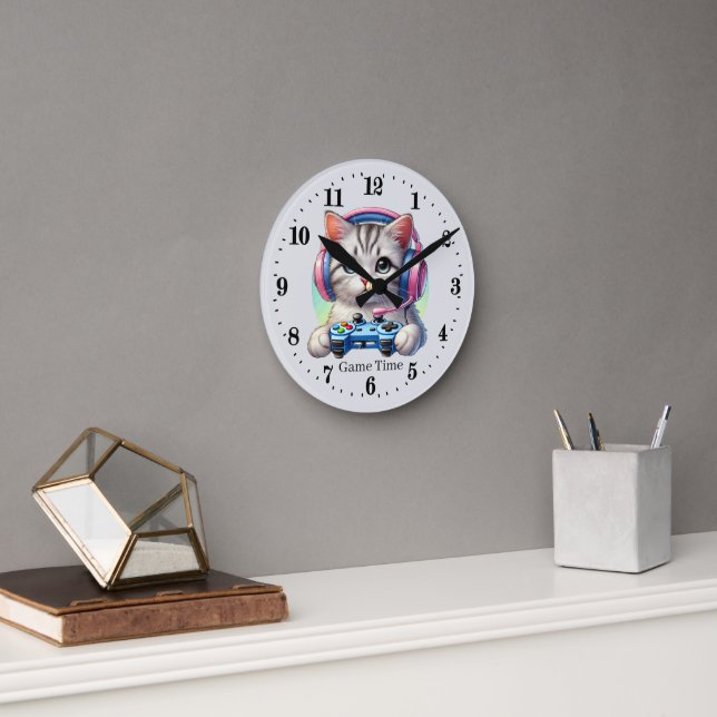 Cool game time customizable cat round clock (Office)