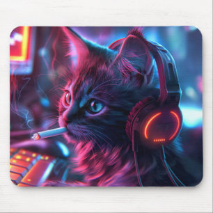 Cool Gamer Cat Smoking Funny Mouse Pad