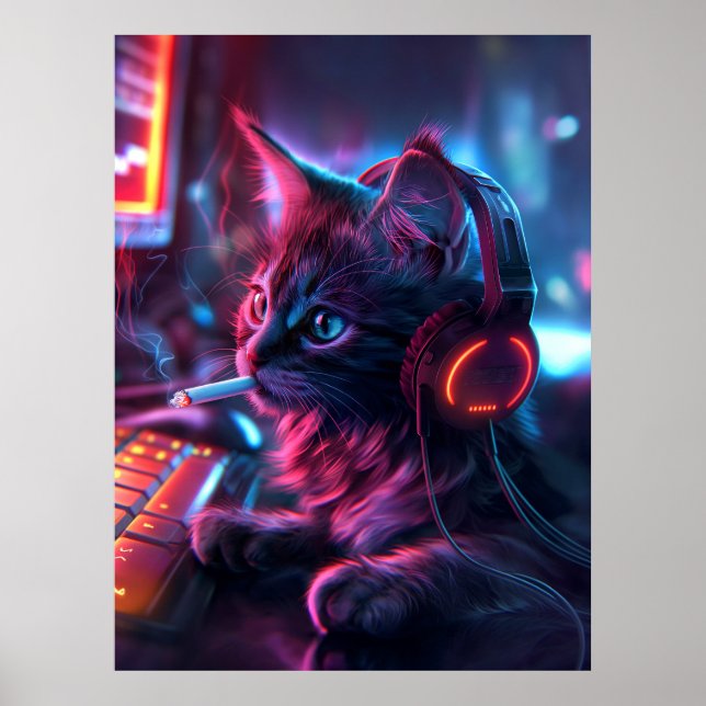 Cool Gamer Cat Smoking Funny Poster (Front)