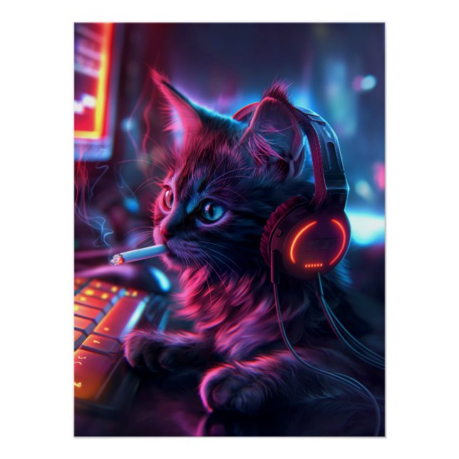 Cool Gamer Cat Smoking Funny Poster (Front)