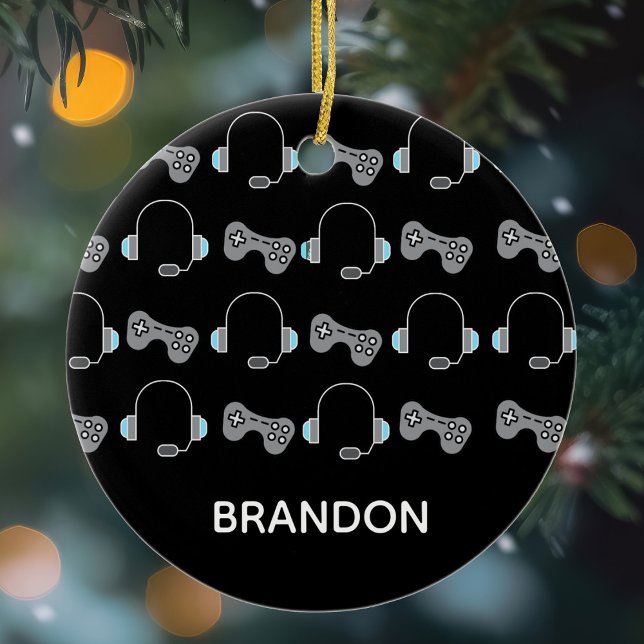 Cool Gamer Personalised Gaming Pattern Christmas Ceramic Ornament (Creator Uploaded)
