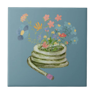 Cool gardening illustration Unique floral blue Ceramic Tile
