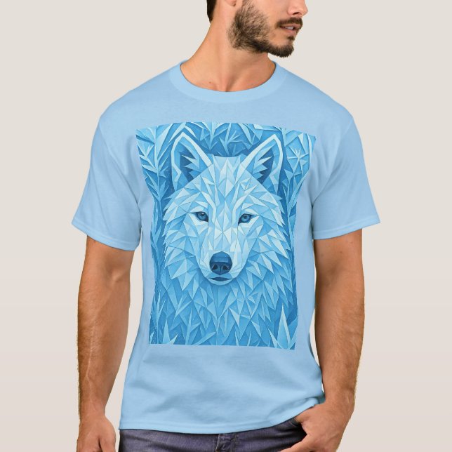 Cool Geometric Blue Wolf Low Poly Graphic All Over T-Shirt (Front)