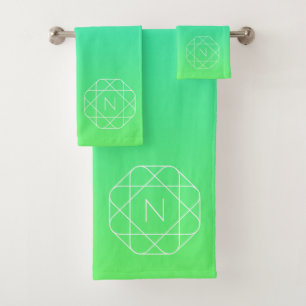 Cool Geometric Monogram   Blue & Lime Green Ombre Bath Towel Set