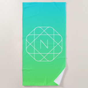 Cool Geometric Monogram Blue & Lime Green Ombre Beach Towel
