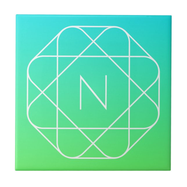 Cool Geometric Monogram | Blue & Lime Green Ombre Ceramic Tile (Front)