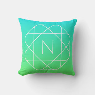 Cool Geometric Monogram   Blue & Lime Green Ombre Cushion