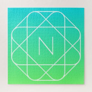 Cool Geometric Monogram   Blue & Lime Green Ombre Jigsaw Puzzle
