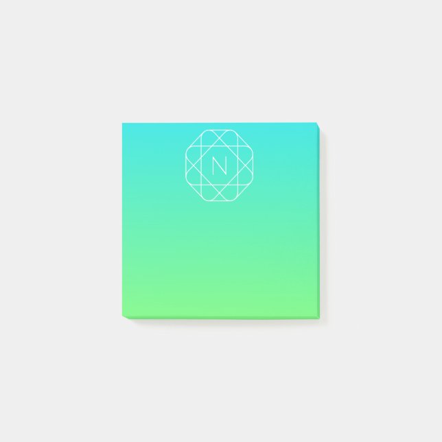 Cool Geometric Monogram | Blue & Lime Green Ombre Post-it Notes (Front)