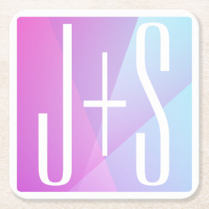 Cool Geometric Pink & Purple Couples Initials Square Paper Coaster