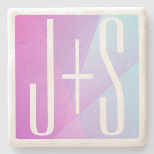 Cool Geometric Pink & Purple   Couples Initials Stone Coaster