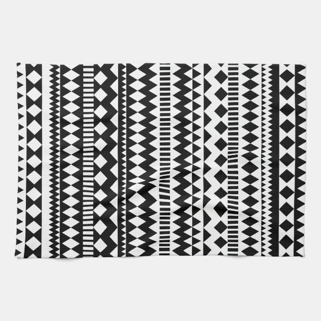 Cool Geometry Black White Aztec Tribal Pattern Tea Towel (Horizontal)