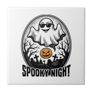 Cool Ghost Halloween Vintage Engraving Tee Art_1 Ceramic Tile