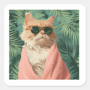 Cool Ginger Cat Vacation Vibes Aesthetic Square Sticker