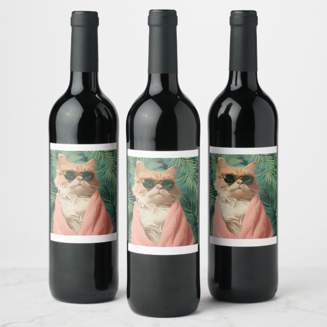 Cool Ginger Cat Vacation Vibes Aesthetic Wine Label (Bottles)