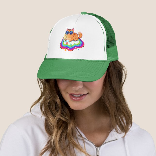 Cool Ginger Cat with Sunglasses Retro Rainbow Truc Trucker Hat (In Situ)